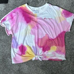 Champion tie front T-shirt. Worn once. Tye dye, pink, short sleeve